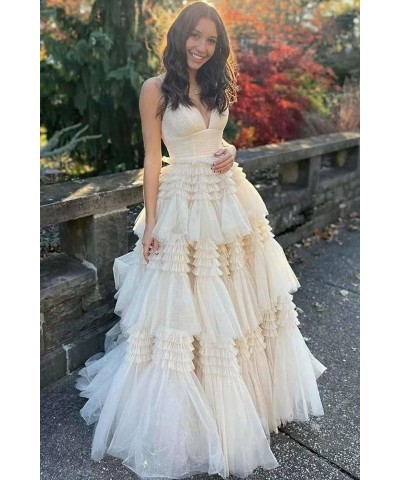 Tiered Glitter Tulle Prom Dresses for Women Princess Ball Gown Long Formal Evening Dress with Slit White $44.59 Dresses