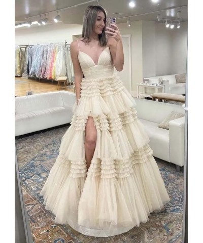 Tiered Glitter Tulle Prom Dresses for Women Princess Ball Gown Long Formal Evening Dress with Slit White $44.59 Dresses