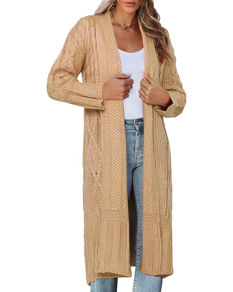 Womens Long Sleeve Cable Knit Open Front Long Cardigan Sweaters Chunky Loose Sweater Coats Outerwear Khaki $11.39 Sweaters