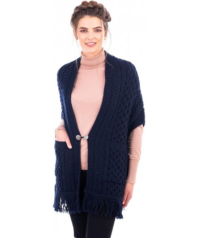 100% Merino Wool Shawl/Poncho Sweater/Open Cardigan/Wool Cape with Pockets with Fringe Trim and Trinity Knot Button Navy $40....