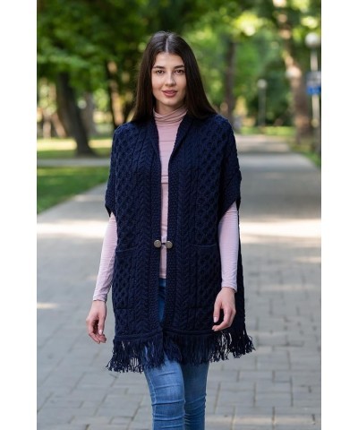 100% Merino Wool Shawl/Poncho Sweater/Open Cardigan/Wool Cape with Pockets with Fringe Trim and Trinity Knot Button Navy $40....