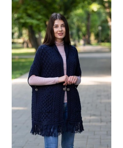 100% Merino Wool Shawl/Poncho Sweater/Open Cardigan/Wool Cape with Pockets with Fringe Trim and Trinity Knot Button Navy $40....