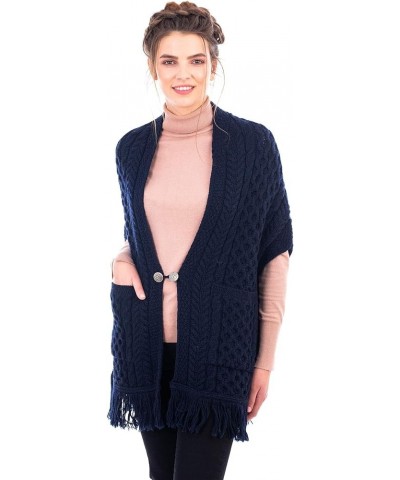 100% Merino Wool Shawl/Poncho Sweater/Open Cardigan/Wool Cape with Pockets with Fringe Trim and Trinity Knot Button Navy $40....