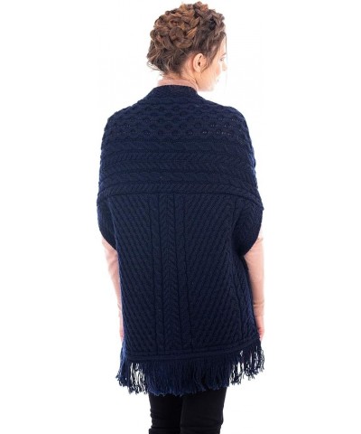 100% Merino Wool Shawl/Poncho Sweater/Open Cardigan/Wool Cape with Pockets with Fringe Trim and Trinity Knot Button Navy $40....