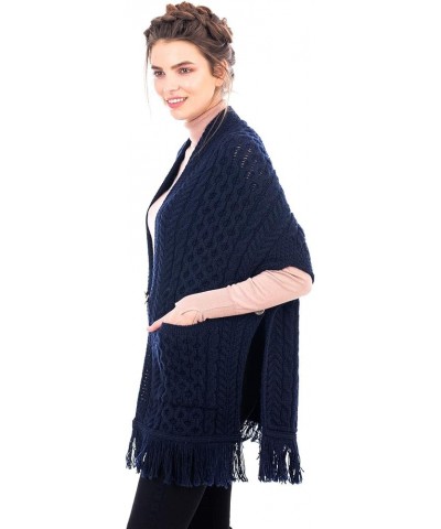 100% Merino Wool Shawl/Poncho Sweater/Open Cardigan/Wool Cape with Pockets with Fringe Trim and Trinity Knot Button Navy $40....