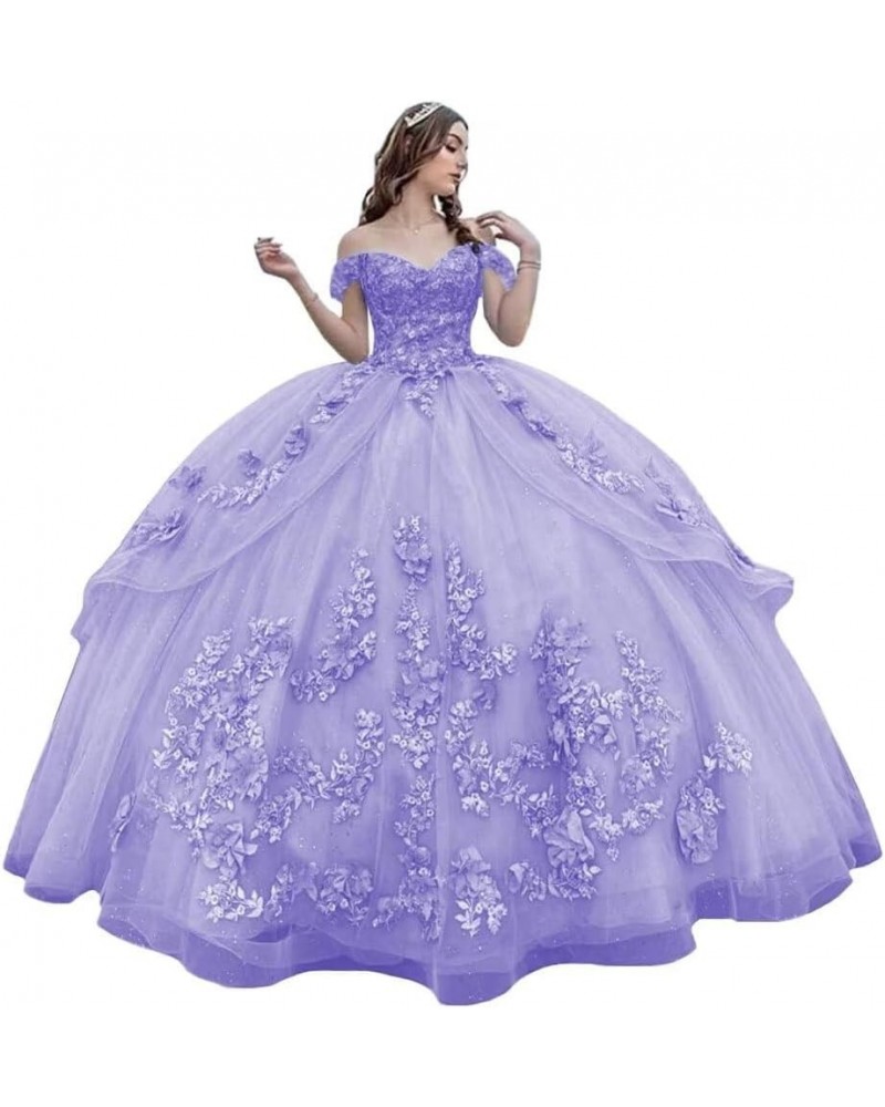 3D Floral Quinceanera Dresses Ball Gown Puffy Sparkly Tulle Sweet 16 Dresses Off Shoulder Lace Princess Dress Y120 Lavender $...