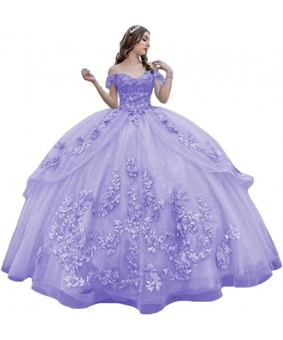 3D Floral Quinceanera Dresses Ball Gown Puffy Sparkly Tulle Sweet 16 Dresses Off Shoulder Lace Princess Dress Y120 Lavender $...