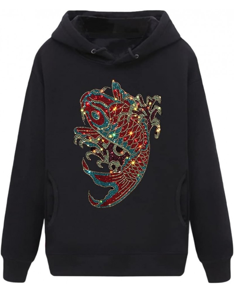 Mens Womens Rhinestone Graphic Hoodies Pullover Fleece Sweatshirt Men Fish Black $26.95 Hoodies & Sweatshirts