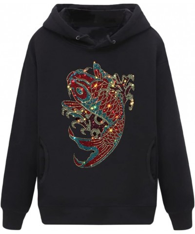 Mens Womens Rhinestone Graphic Hoodies Pullover Fleece Sweatshirt Men Fish Black $26.95 Hoodies & Sweatshirts