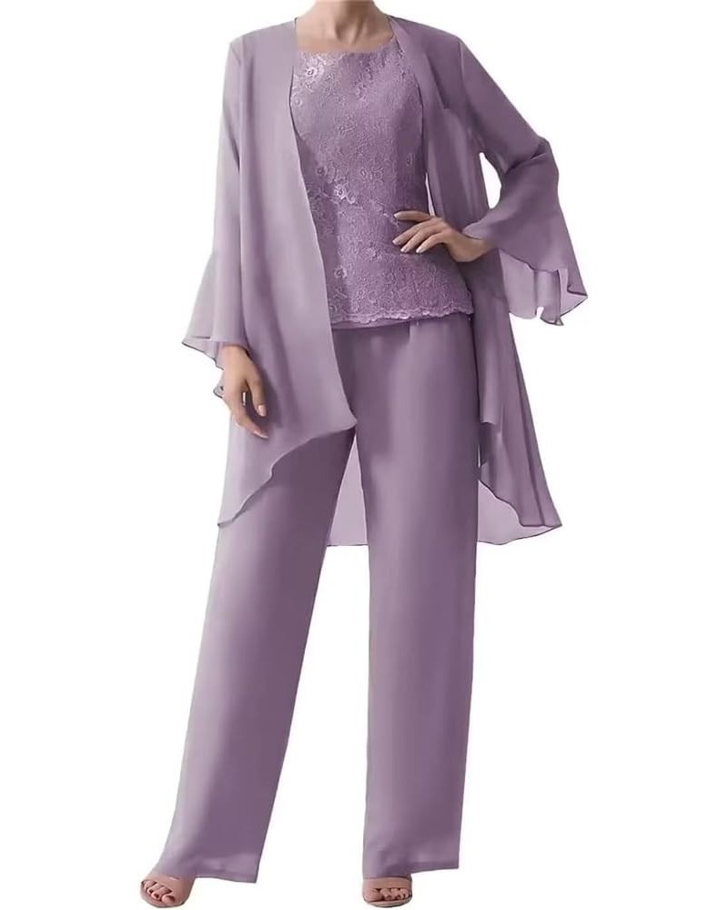 Long Sleeves Mother of The Bride Pant Suits for Wedding with Jacket 3 PCs Chiffon Lace Appliques Formal Pant Suits for Women ...