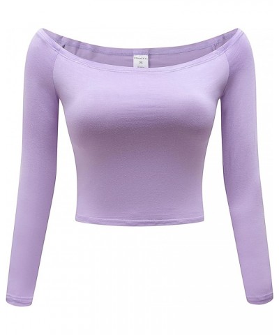 Women's Off Shoulder Long Sleeve Crop Top Comfy Basic Stretch Layer Shirt Light Purple $10.56 Blouses