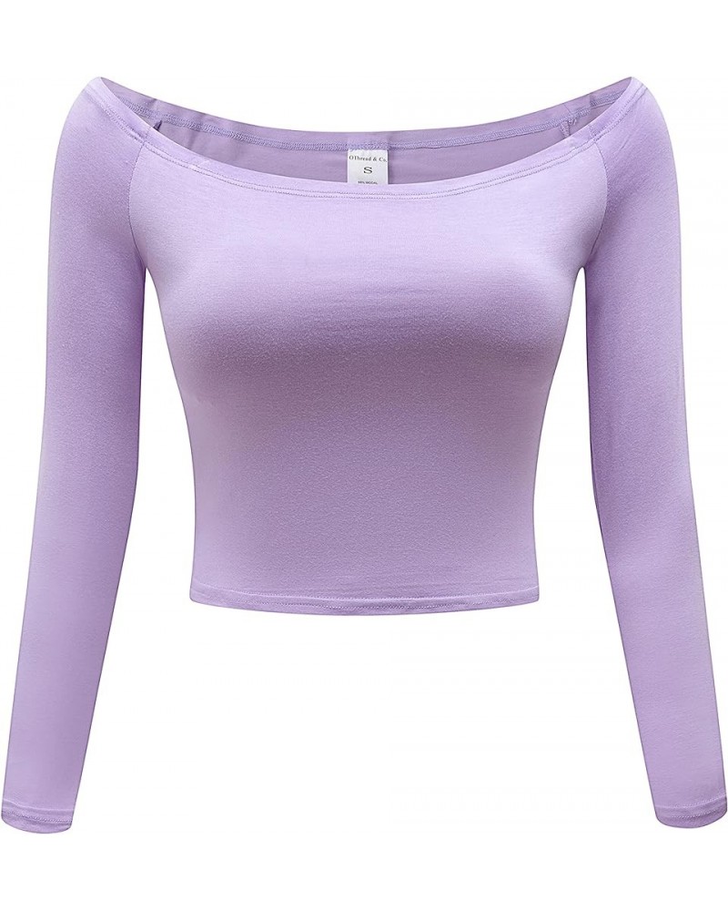 Women's Off Shoulder Long Sleeve Crop Top Comfy Basic Stretch Layer Shirt Light Purple $10.56 Blouses