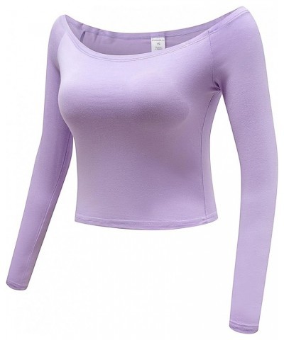 Women's Off Shoulder Long Sleeve Crop Top Comfy Basic Stretch Layer Shirt Light Purple $10.56 Blouses