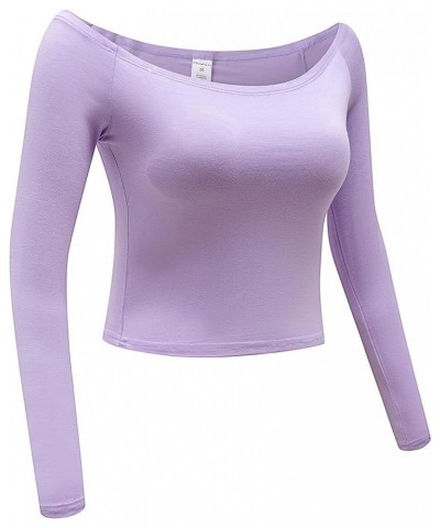 Women's Off Shoulder Long Sleeve Crop Top Comfy Basic Stretch Layer Shirt Light Purple $10.56 Blouses