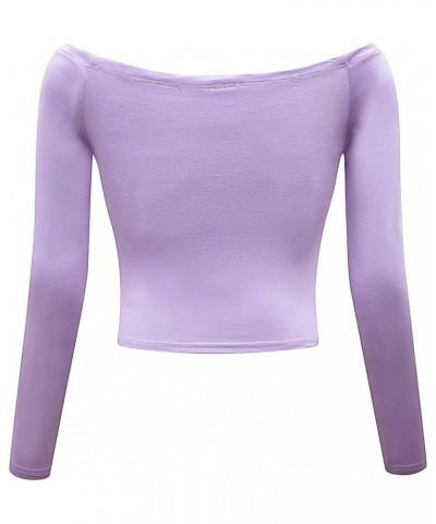 Women's Off Shoulder Long Sleeve Crop Top Comfy Basic Stretch Layer Shirt Light Purple $10.56 Blouses