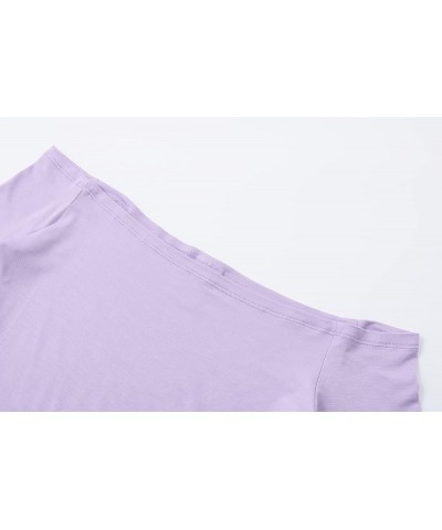 Women's Off Shoulder Long Sleeve Crop Top Comfy Basic Stretch Layer Shirt Light Purple $10.56 Blouses