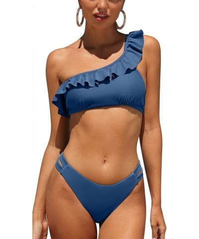 Women Two Piece Halter Padded Bikini Swimsuits Keyhole Cutout Swimwear Ruffle Blue $20.29 Swimsuits