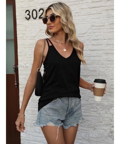 Womens Spaghetti Strap Camisole Sexy Summer Basic Eyelet Tank Tops Deep V Neck Sleeveless 1 Black $12.31 Tanks