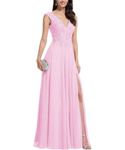 Bridesmaid Dresses for Women Lace AppliquesLong Chiffon A Line V Neck Formal Prom Evening Party Gowns with Slit Pink $38.99 D...