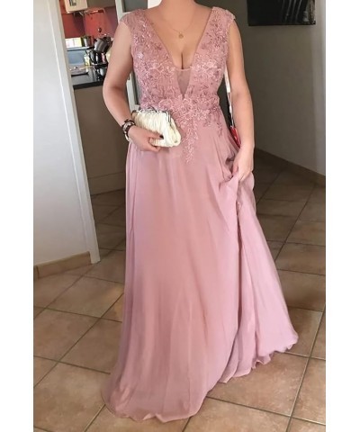 Bridesmaid Dresses for Women Lace AppliquesLong Chiffon A Line V Neck Formal Prom Evening Party Gowns with Slit Pink $38.99 D...