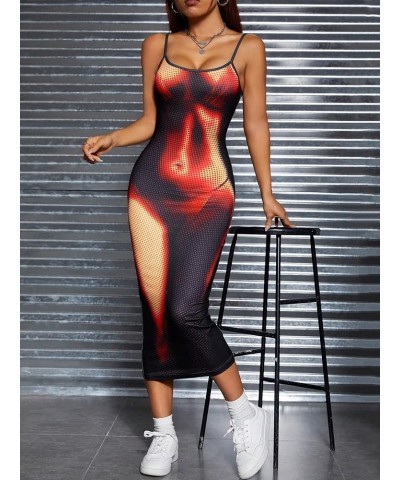 Women's Body Print Bodycon Midi Dress Graphic Y2K Sleeveless Dresses Red Multi $16.80 Dresses