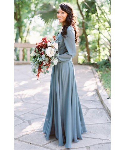 Bridesmaid Dresses with Sleeves Long Evening Gown Chiffon Slit Wedding Guest Dress Light Blue $37.50 Dresses