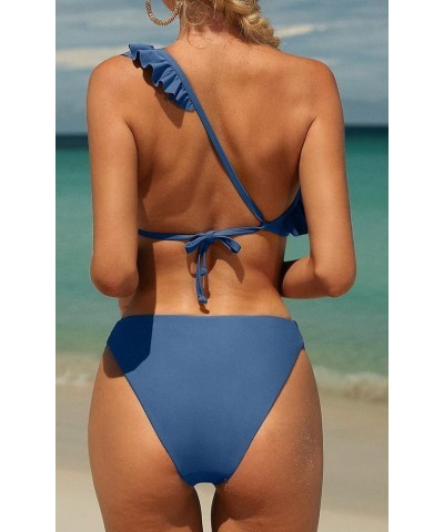 Women Two Piece Halter Padded Bikini Swimsuits Keyhole Cutout Swimwear Ruffle Blue $20.29 Swimsuits