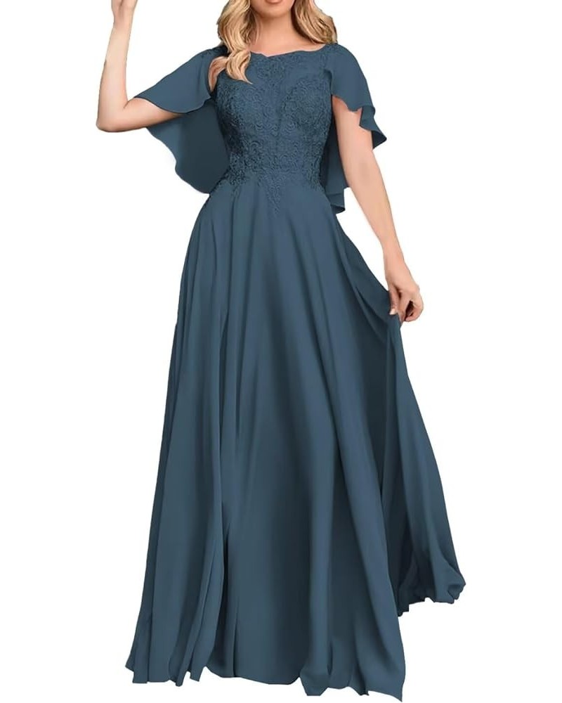 Boat Neck Chiffon Mother of The Bride Dress A Line Lace Applique Wedding Guest Dress Ruched Long Prom Dress Peacock $47.69 Dr...