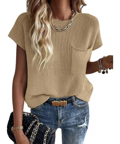 Womens Crewneck Sweater Vest Casual Cap Sleeve Knit Pullover Tank Tops 2024 B Khaki $13.74 Sweaters