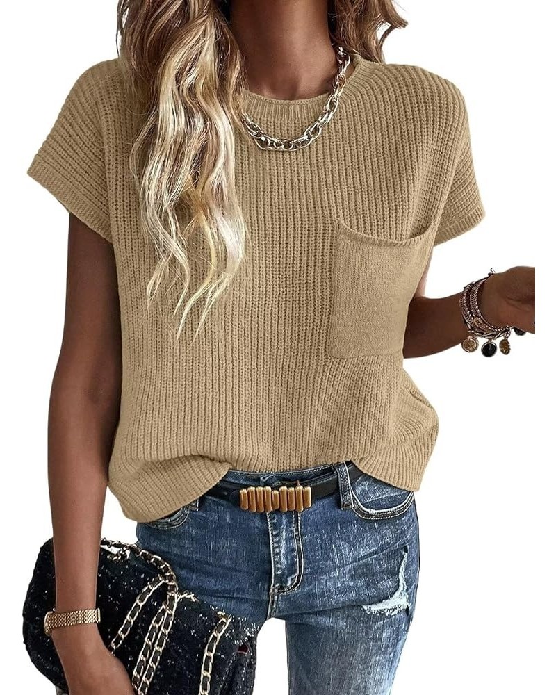 Womens Crewneck Sweater Vest Casual Cap Sleeve Knit Pullover Tank Tops 2024 B Khaki $13.74 Sweaters