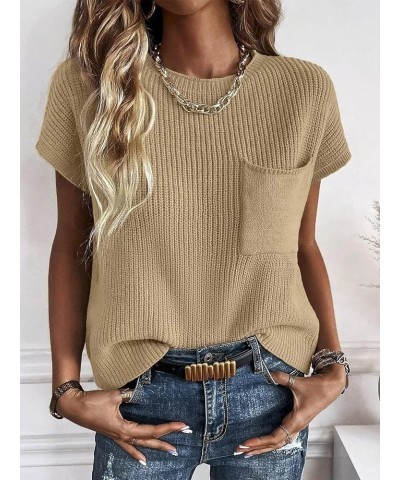 Womens Crewneck Sweater Vest Casual Cap Sleeve Knit Pullover Tank Tops 2024 B Khaki $13.74 Sweaters