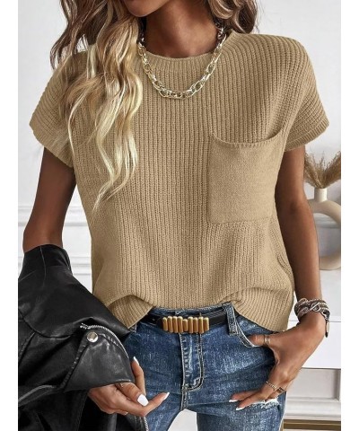 Womens Crewneck Sweater Vest Casual Cap Sleeve Knit Pullover Tank Tops 2024 B Khaki $13.74 Sweaters