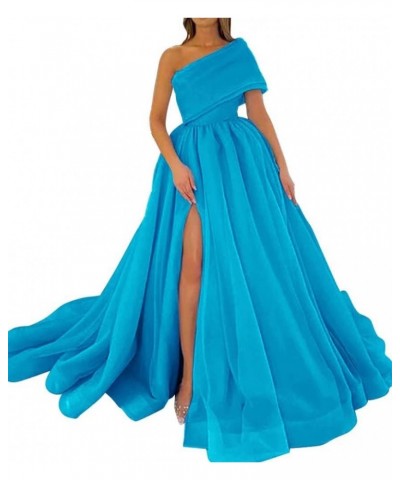 One Shoulder Puffy Sleeveless Prom Dresses Long Sweetheart Ball Gowns Organza Quinceanera Party Dress SD086 Blue $36.08 Dresses