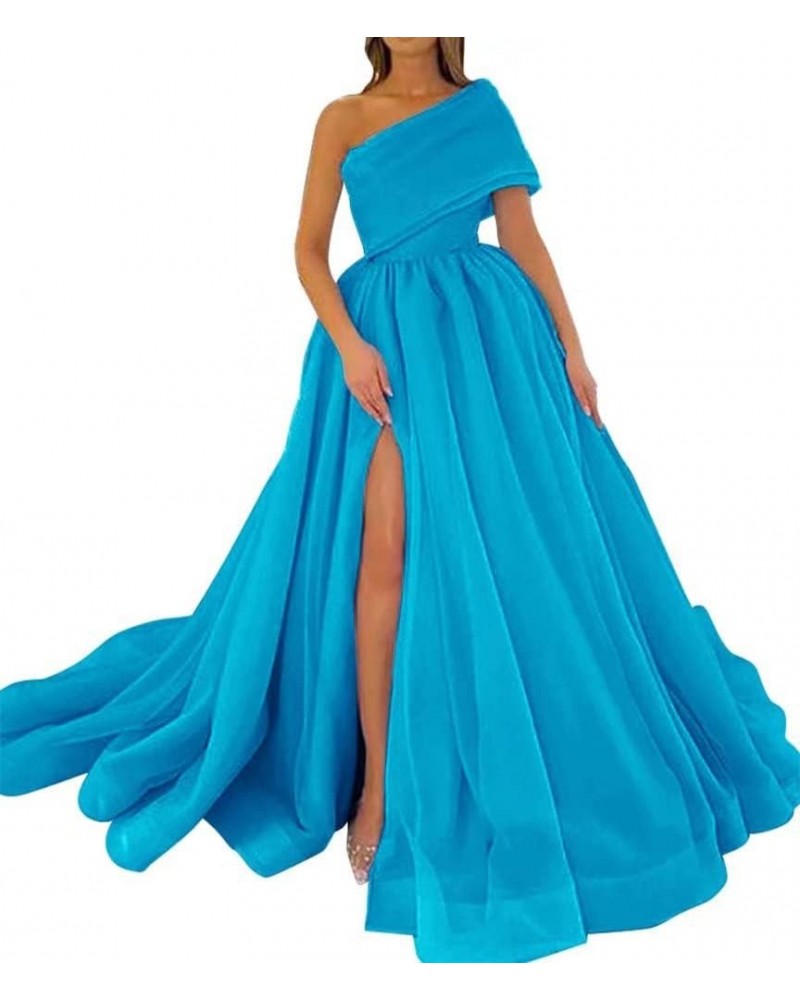 One Shoulder Puffy Sleeveless Prom Dresses Long Sweetheart Ball Gowns Organza Quinceanera Party Dress SD086 Blue $36.08 Dresses