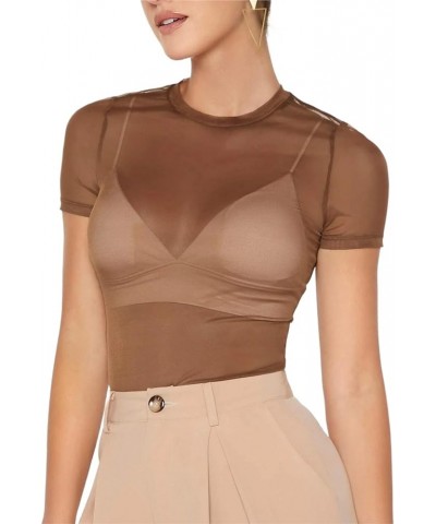 Women Sexy See Through Sheer Mesh Crop Tee Top Y2K Slim Fit Short Sleeve Crewneck Cropped Blouse Shirt Clubwear Brown $10.96 ...