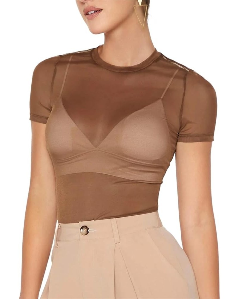 Women Sexy See Through Sheer Mesh Crop Tee Top Y2K Slim Fit Short Sleeve Crewneck Cropped Blouse Shirt Clubwear Brown $10.96 ...