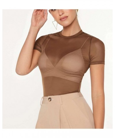 Women Sexy See Through Sheer Mesh Crop Tee Top Y2K Slim Fit Short Sleeve Crewneck Cropped Blouse Shirt Clubwear Brown $10.96 ...