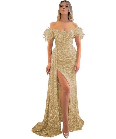 Feather Sequin Prom Dress for Women Off Shoulder Mermaid Formal Evening Gown with Slit QM1014 Champagne $34.44 Others