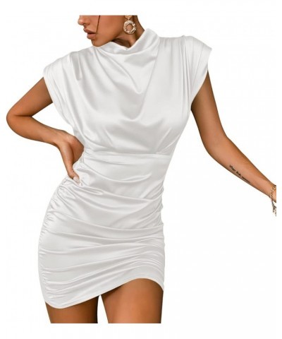 Women's Satin Silk Shoulder Pad Ruched Bodycon Sleeveless Mini Tank Dress White $18.86 Dresses