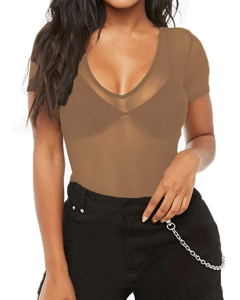 Womens Short Sleeve Sheer Mesh Tops Sexy See Through Tee Blouse Clubwears V Neck Coffee $10.99 Others