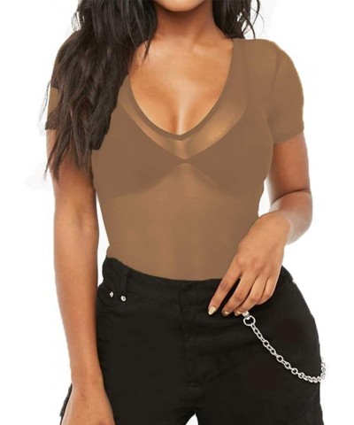 Womens Short Sleeve Sheer Mesh Tops Sexy See Through Tee Blouse Clubwears V Neck Coffee $10.99 Others