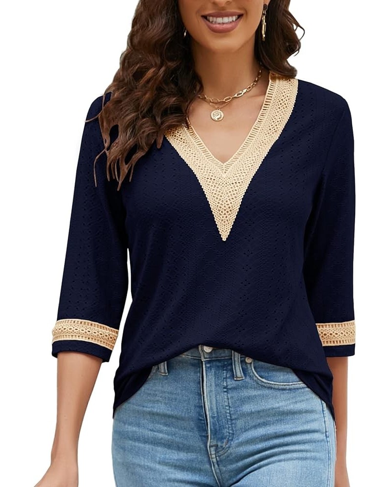 Women's Casual 3/4 Sleeve Shirts Lace V Neck Color Block Dressy Tops Trendy Hollow Floral Blouses T Shirts S-XXL Navy Blue $1...