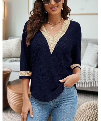 Women's Casual 3/4 Sleeve Shirts Lace V Neck Color Block Dressy Tops Trendy Hollow Floral Blouses T Shirts S-XXL Navy Blue $1...