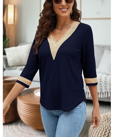 Women's Casual 3/4 Sleeve Shirts Lace V Neck Color Block Dressy Tops Trendy Hollow Floral Blouses T Shirts S-XXL Navy Blue $1...