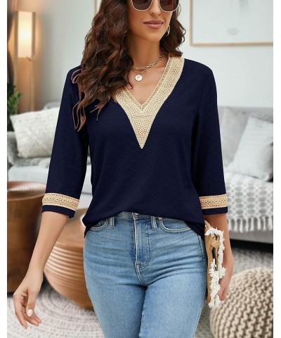 Women's Casual 3/4 Sleeve Shirts Lace V Neck Color Block Dressy Tops Trendy Hollow Floral Blouses T Shirts S-XXL Navy Blue $1...