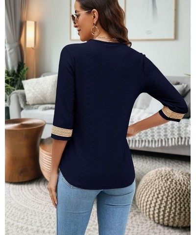 Women's Casual 3/4 Sleeve Shirts Lace V Neck Color Block Dressy Tops Trendy Hollow Floral Blouses T Shirts S-XXL Navy Blue $1...