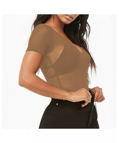 Womens Short Sleeve Sheer Mesh Tops Sexy See Through Tee Blouse Clubwears V Neck Coffee $10.99 Others