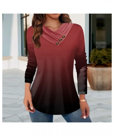 Womens Fall Tops Plus Size Long Sleeve V Neck Shirts Button Down Geometric Patchwork Print Tunic Fashion Tee Blouses Wine-s19...