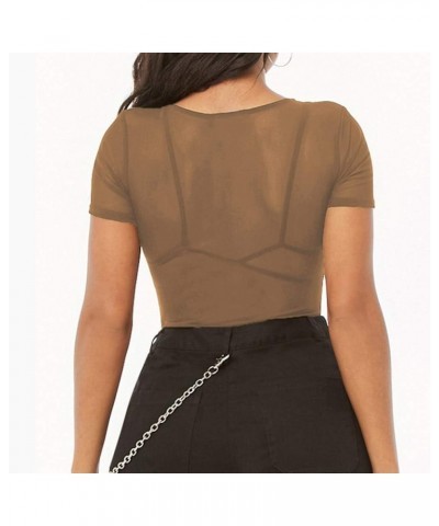 Womens Short Sleeve Sheer Mesh Tops Sexy See Through Tee Blouse Clubwears V Neck Coffee $10.99 Others