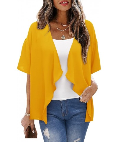 Women's Summer Kimono Cardigan Short Sleeve Lightweight Sheer Cover Up Shrug Open Front Yellow $11.59 Swimsuits